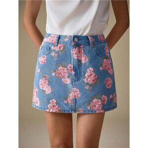 Floral Print Denim Skirt